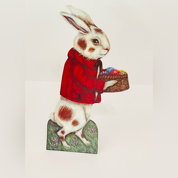Bethany Lowe White Rabbit in Red Coat w/ Easter Basket Wooden Display Figure - Picture 4 of 6
